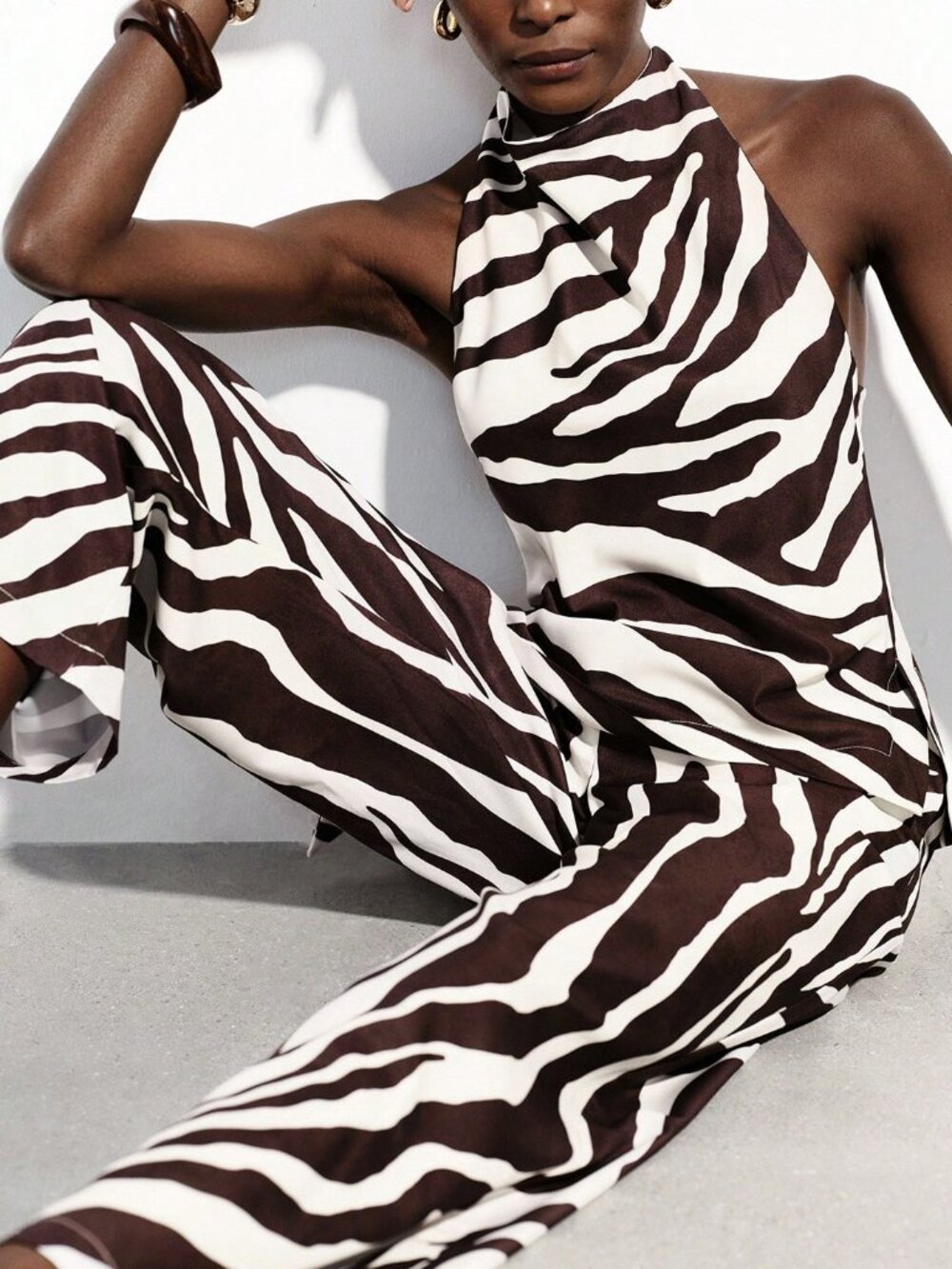 Multicolor Zebra Print Women's Halter Backless Drawstring Wide-Leg Pants Set